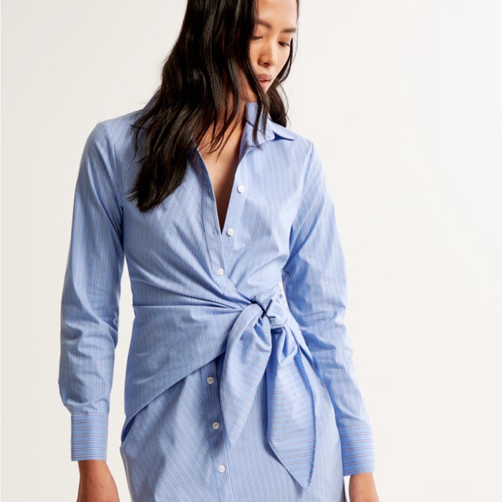 Blue Striped Button-Up Wrap Dress
